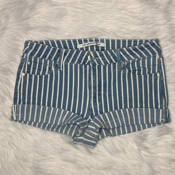 Light Blue Jean Shorts with White Vertical Stripes - Picture 1 of 5